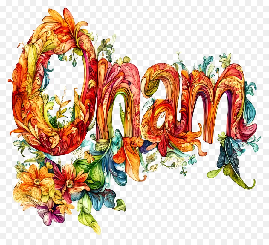 Onam，Texto Onam Con Diseño Floral PNG