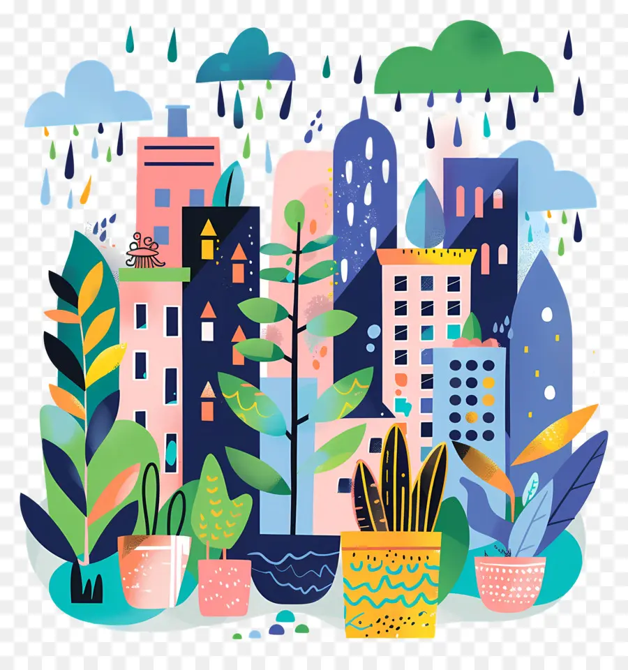 Paisaje Urbano De Lluvia，Paisaje Urbano Con Plantas PNG