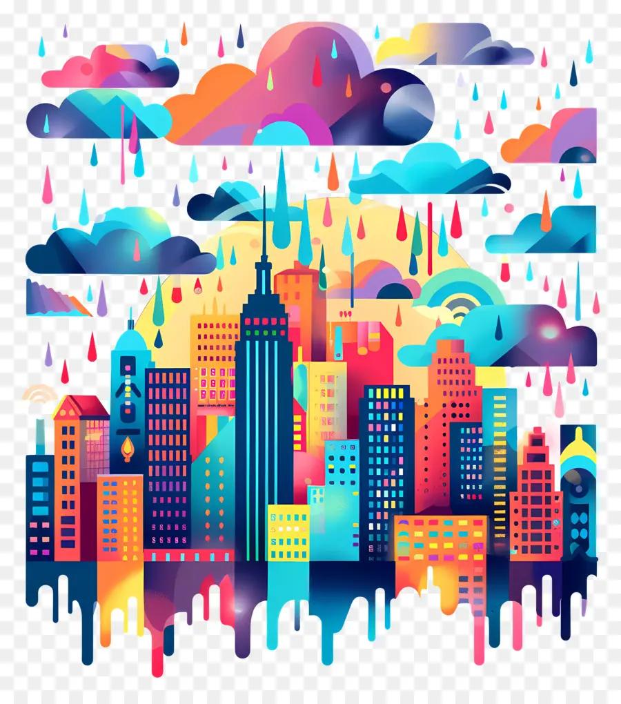 Tormenta De Lluvia，Paisaje Urbano Colorido PNG