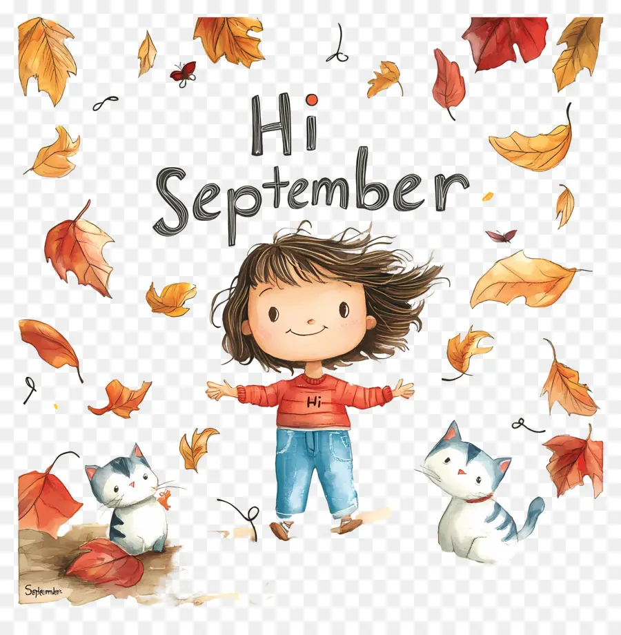 Hola Septiembre，Chica Con Hojas De Otoño PNG