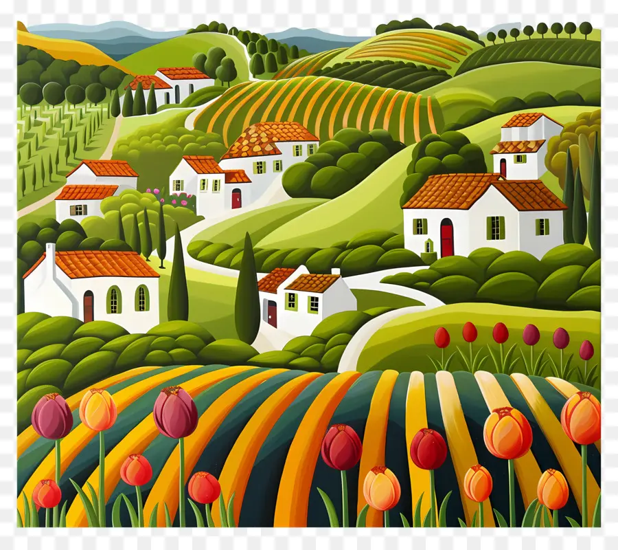 Paisaje Rural，Campo Con Tulipanes PNG