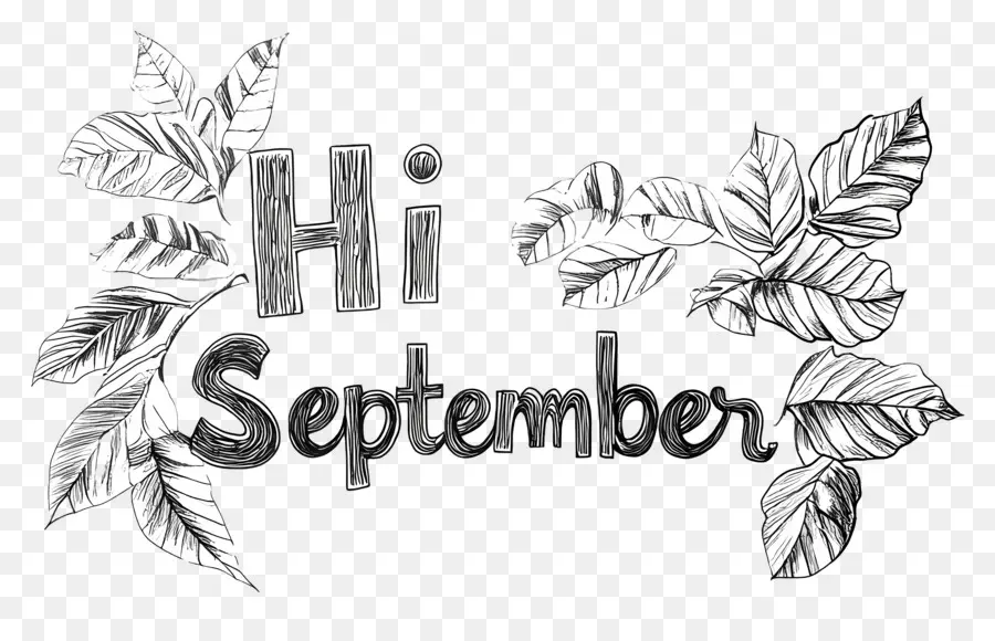 Hola Septiembre，Hola Texto De Septiembre Con Hojas PNG