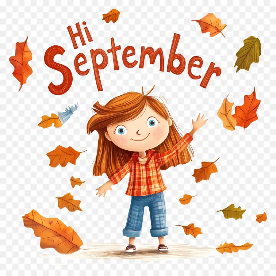 Hola Septiembre，Chica Con Hojas De Otoño PNG