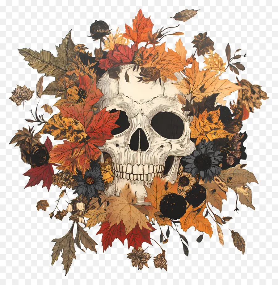 Comienza El Otoño，Calavera Con Hojas De Otoño PNG