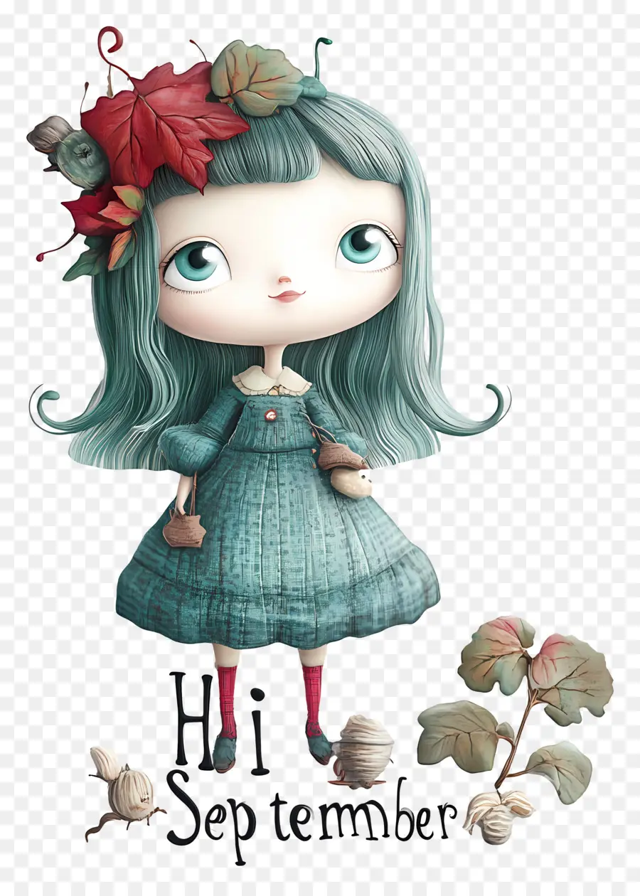 Hola Septiembre，Niña Con Hojas PNG