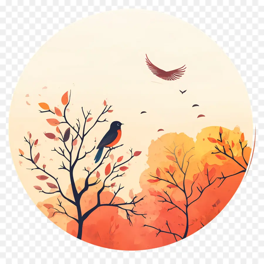 Comienza El Otoño，Árboles De Otoño Con Pájaros PNG