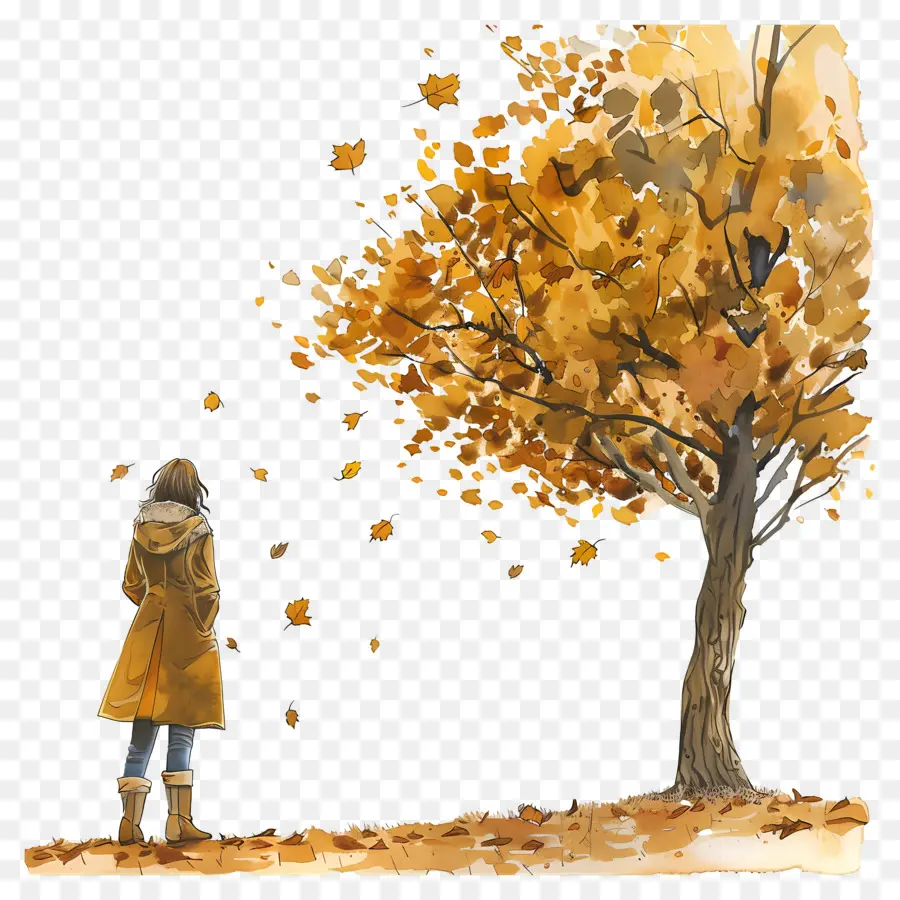 Mujer En El Día De Otoño，Mujer Y Arbol PNG