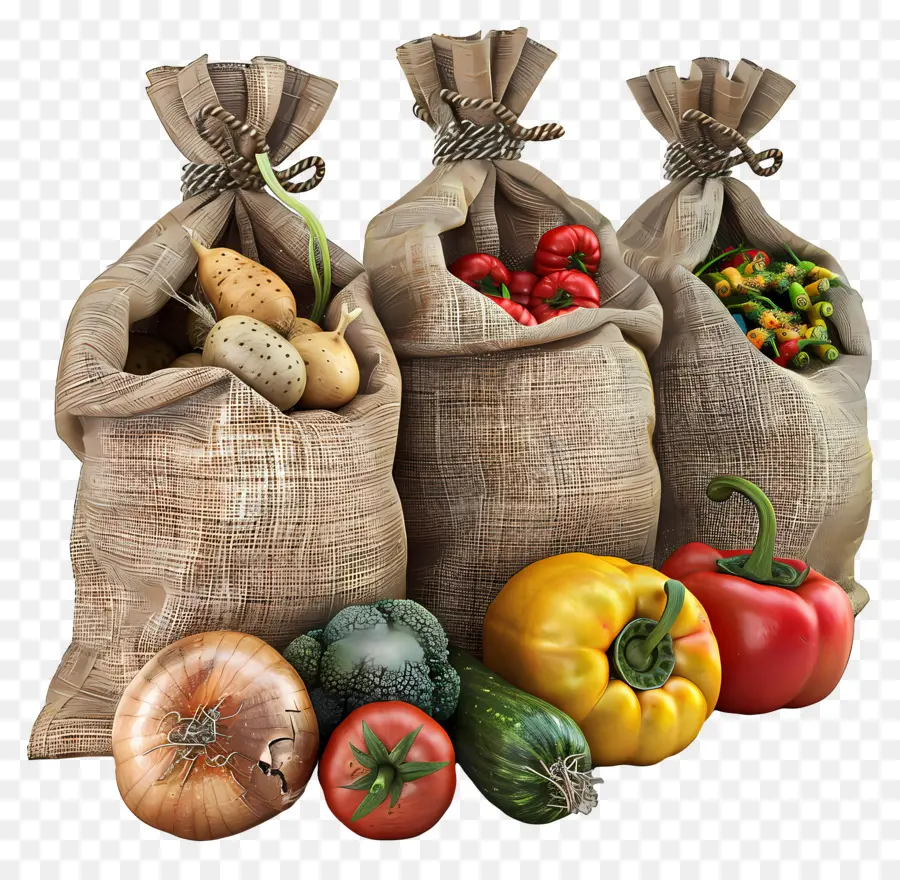 Bolsas Con Verduras，Verduras En Sacos De Arpillera PNG