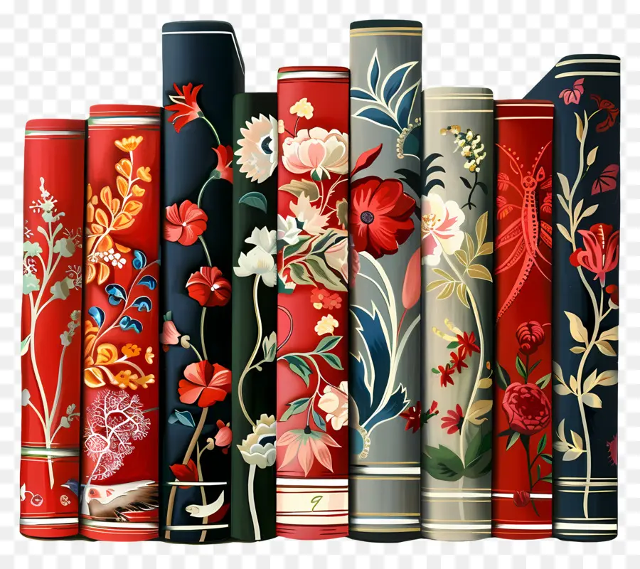 Fila De Libros，Libros Florales Coloridos PNG