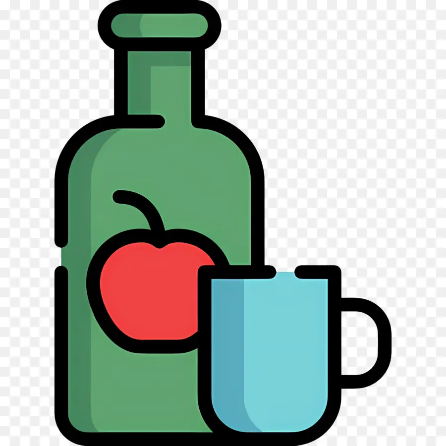 Sidra，Botella Verde Y Taza Con Manzana PNG