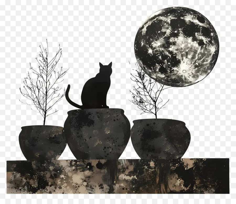 Silueta De Gato，Gato Y Luna PNG