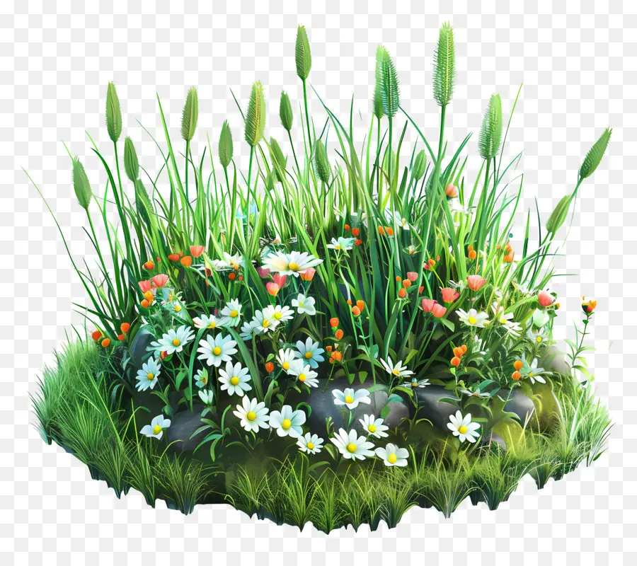 Pradera，Roca Con Hierba Y Flores PNG