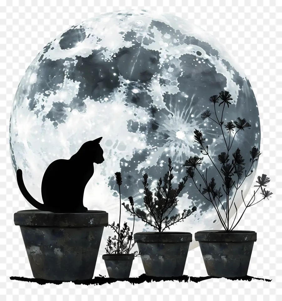 Silueta De Gato，Luna PNG