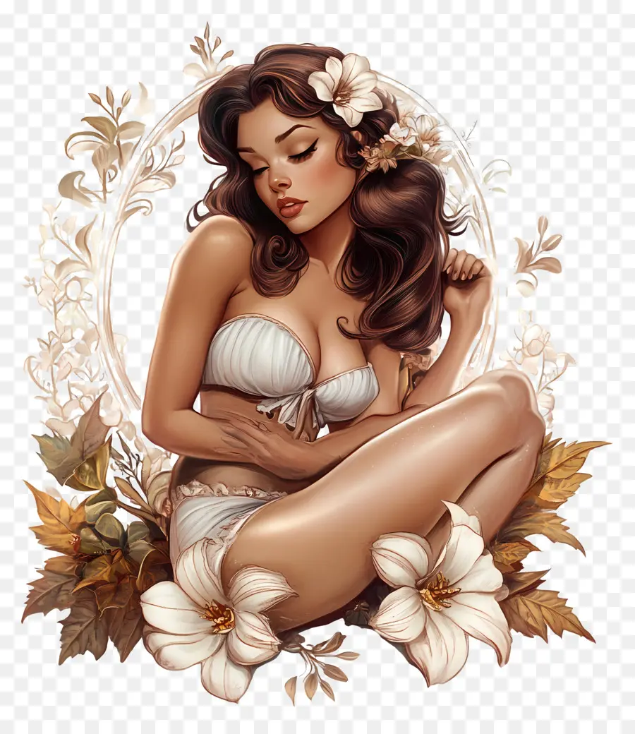 Serenidad，Mujer Con Flores PNG