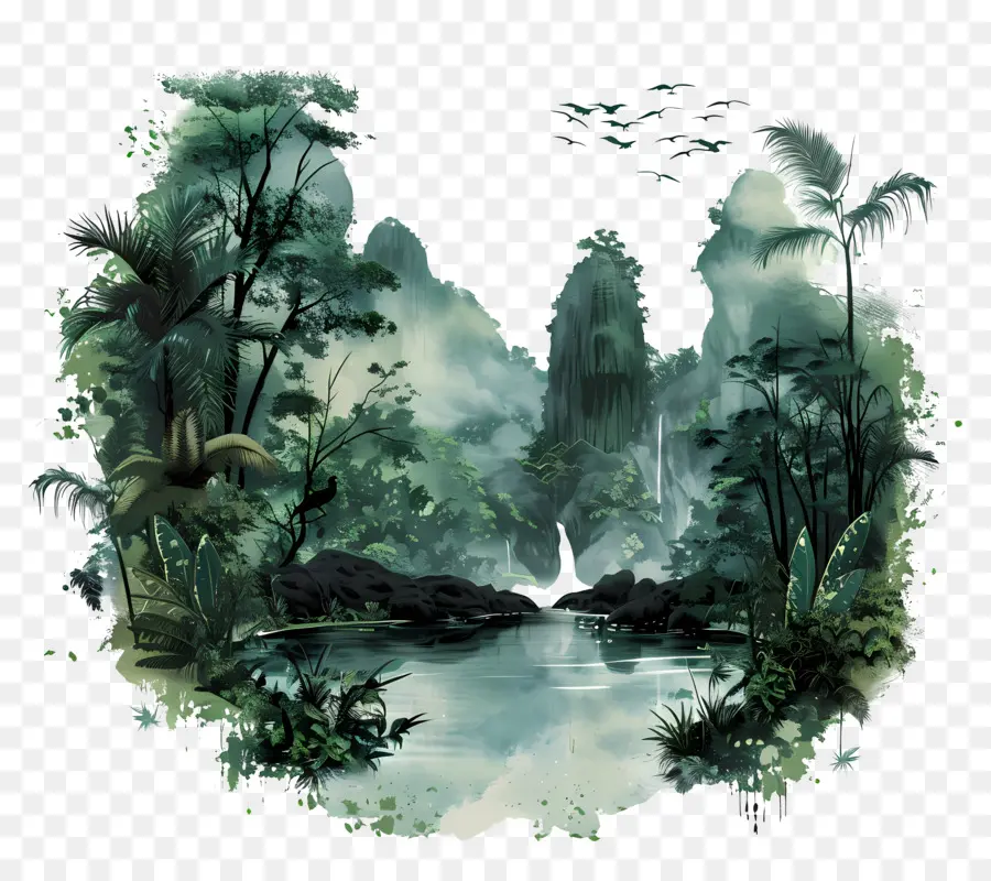 Paisaje Sereno，Escena De La Selva PNG