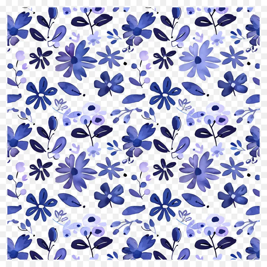 Patrón De Hoja，Flores Azules Y Moradas PNG