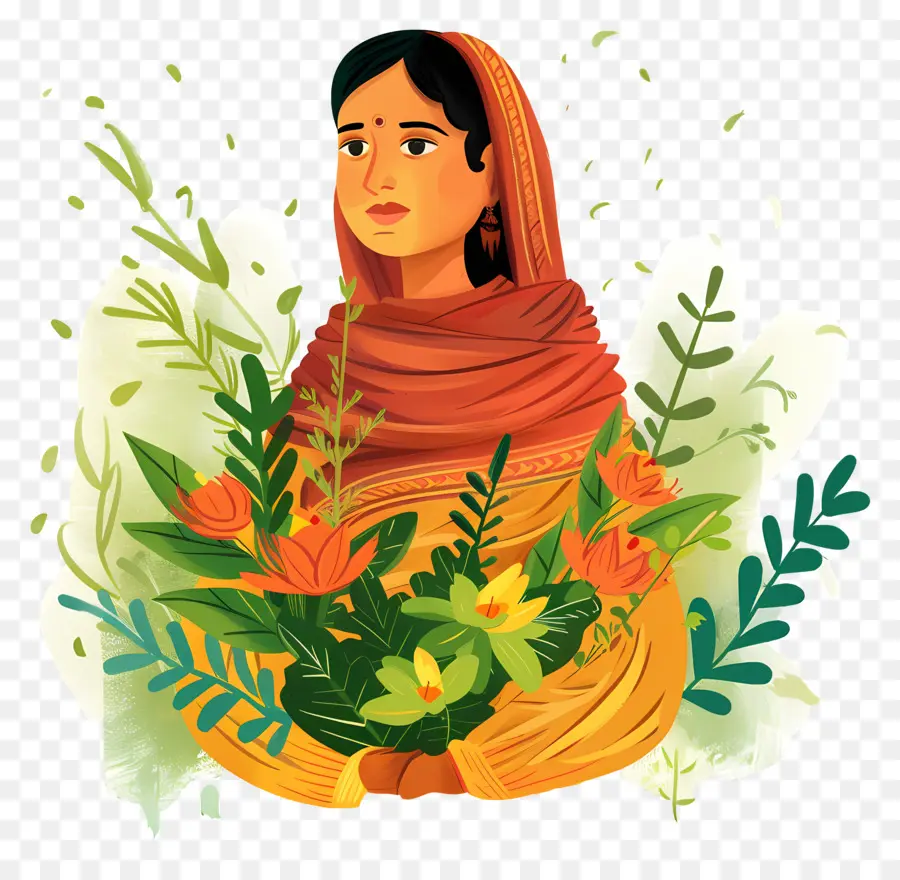 Mujer Marathi，Mujer Con Flores PNG