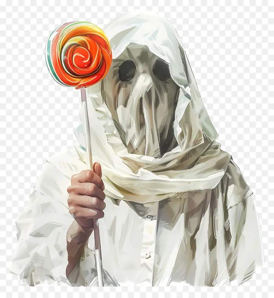 Piruleta Fantasma，Persona Con Capa Blanca Con Piruleta PNG