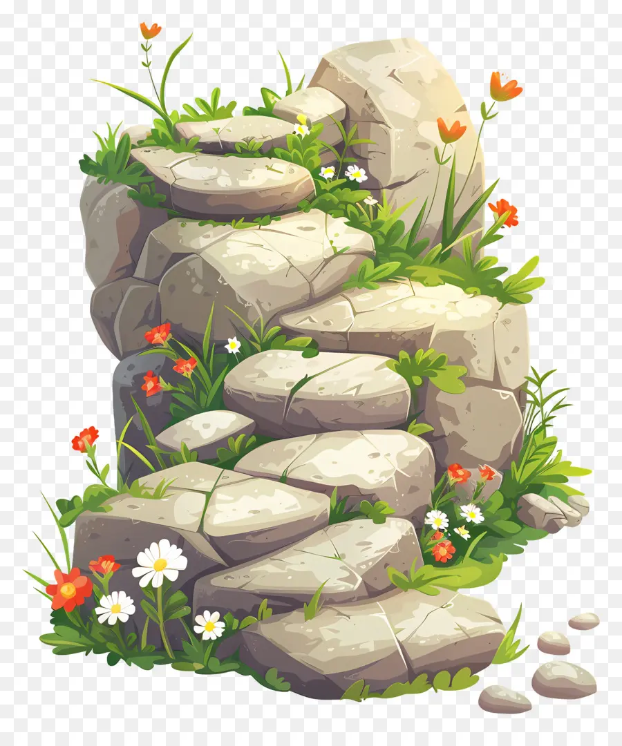 Piedra Del Camino，Camino Rocoso Con Flores PNG