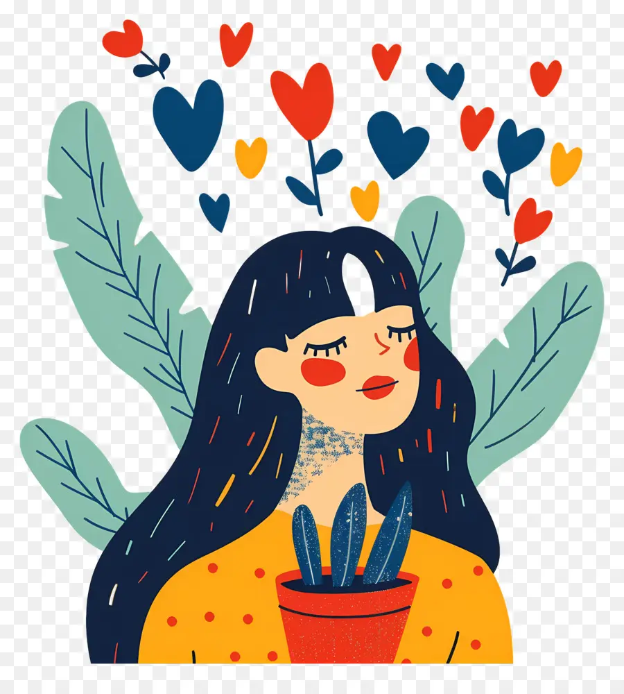 Mujer De Dibujos Animados，Chica Con Plantas Y Corazones PNG