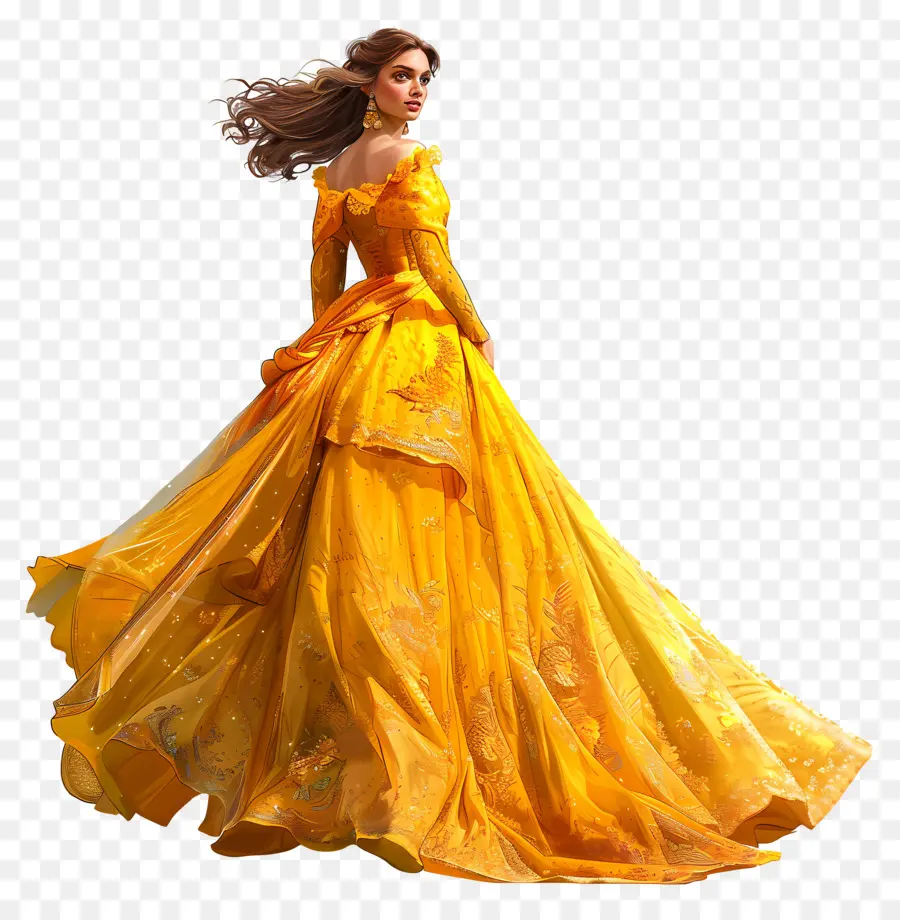 Bella Princesa，Mujer En Vestido Amarillo PNG