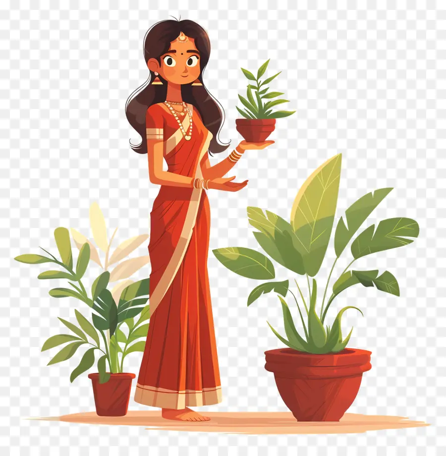 Mujer India，Mujer Con Plantas PNG