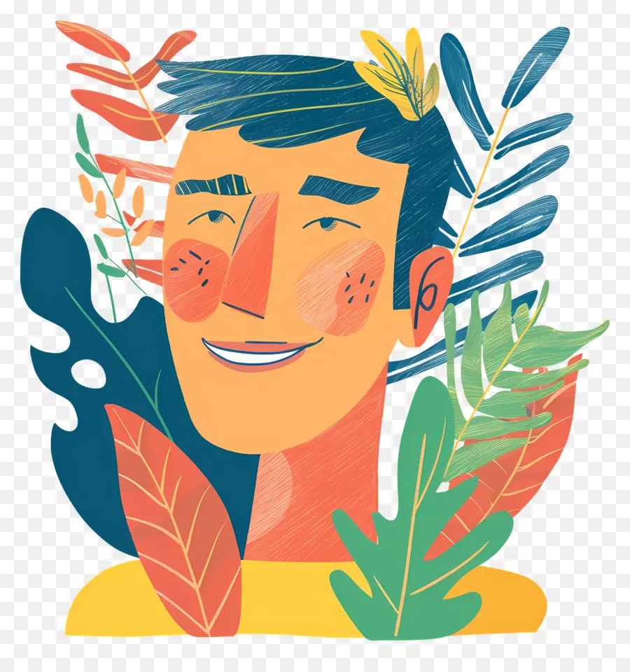 Cabeza De Hombre Sonriente，Hombre Ilustrado Con Hojas PNG