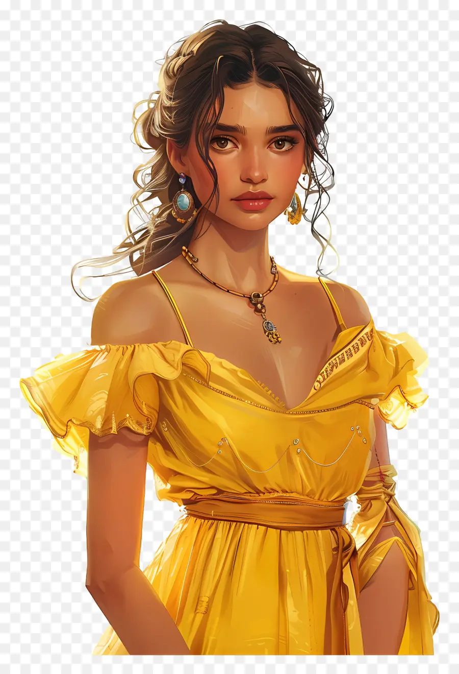 Bella Princesa，Mujer En Vestido Amarillo PNG