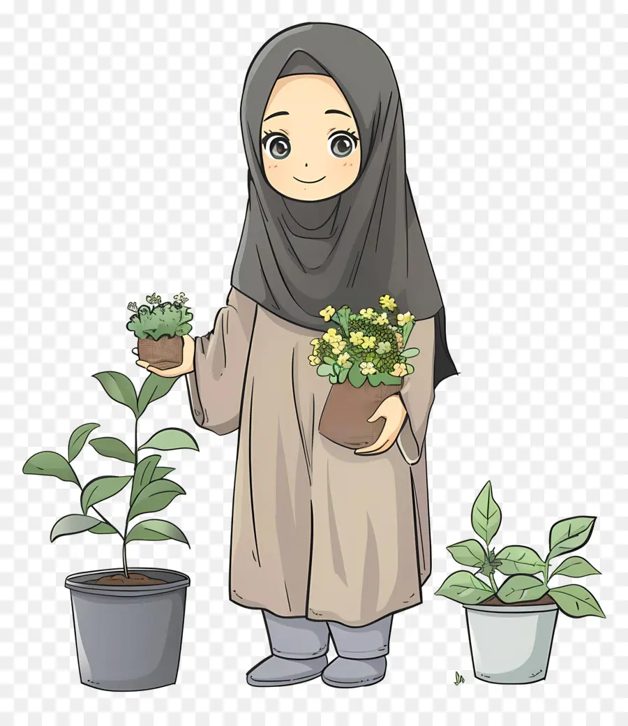 Hijab Chica Haciendo Jardinería，Niña Con Plantas PNG