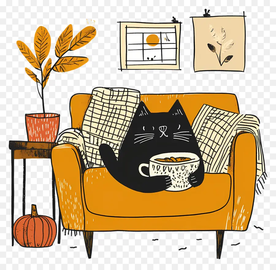 Otoño Acogedor，Gato En Silla PNG