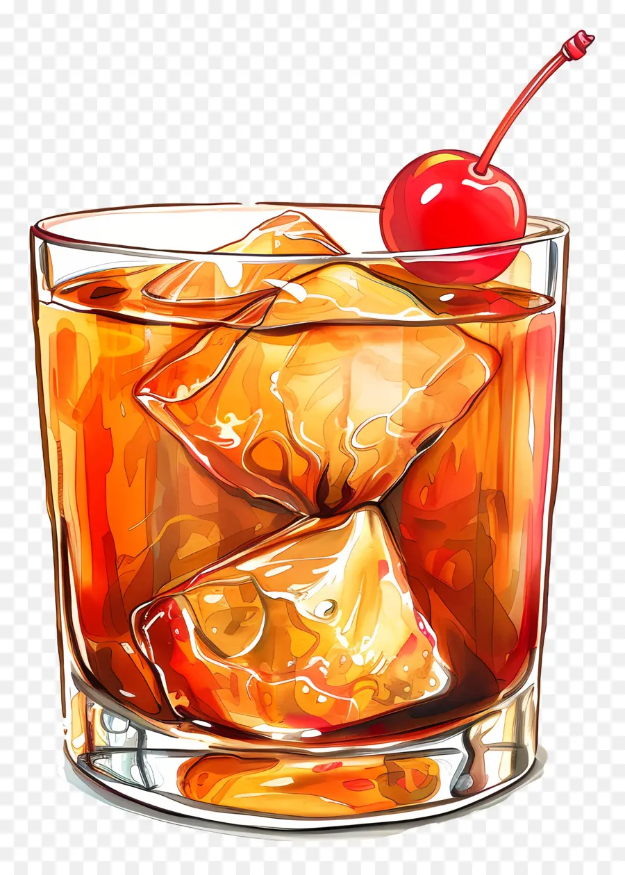 Cóctel Alcohólico Tropical，Vaso De Whisky Con Cereza PNG