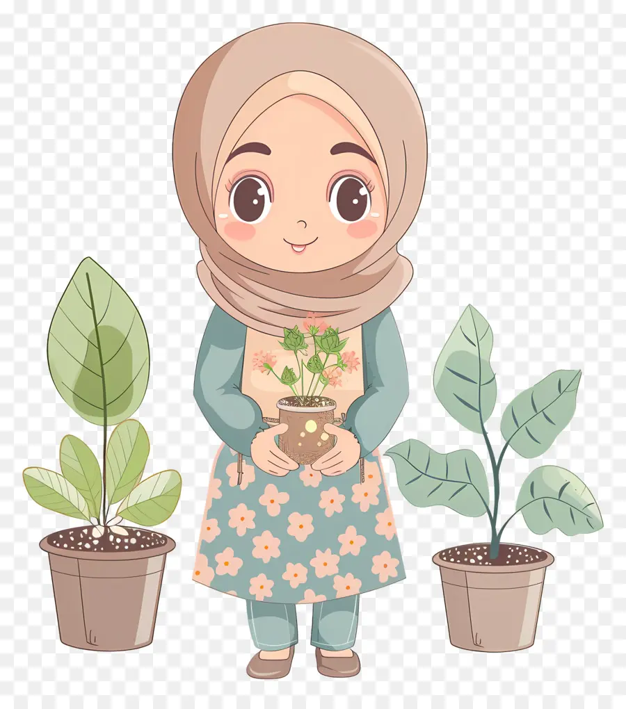 Hijab Chica Haciendo Jardinería，Niña Con Plantas PNG