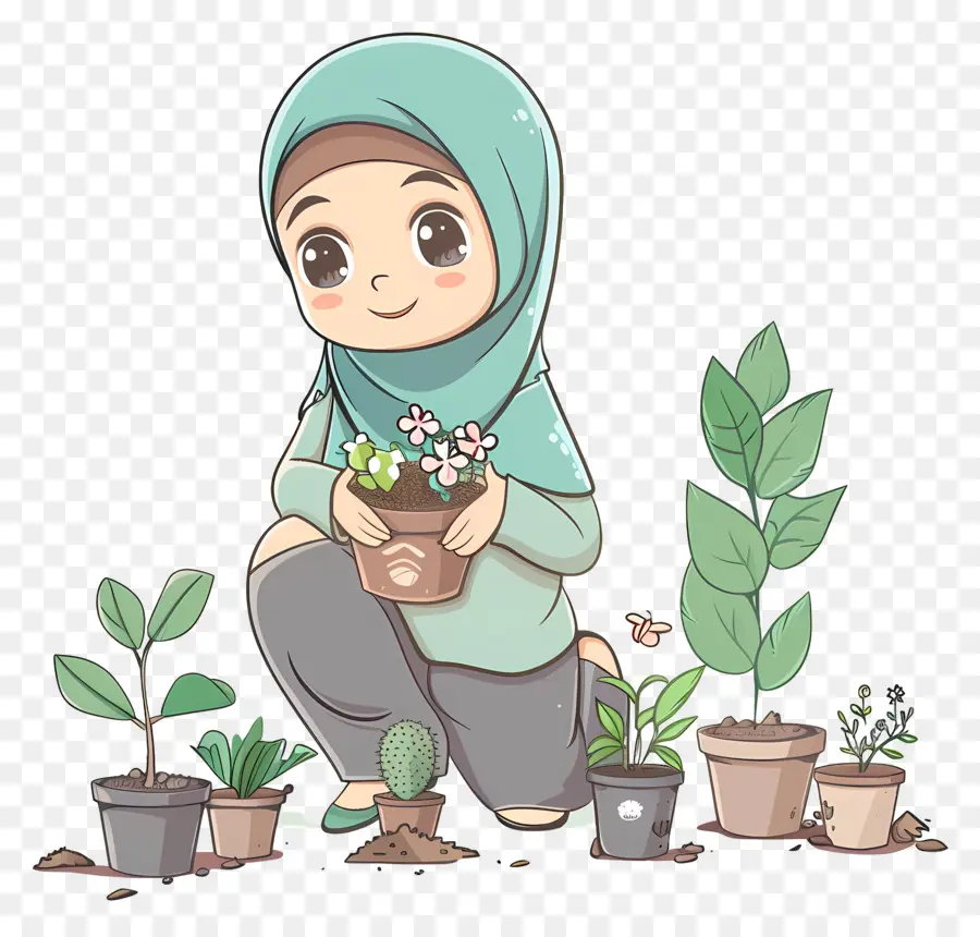 Hijab Chica Haciendo Jardinería，Niña Plantando PNG