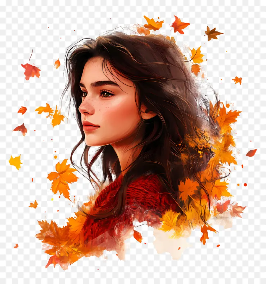 Chica De Otoño，Chica Con Hojas De Otoño PNG