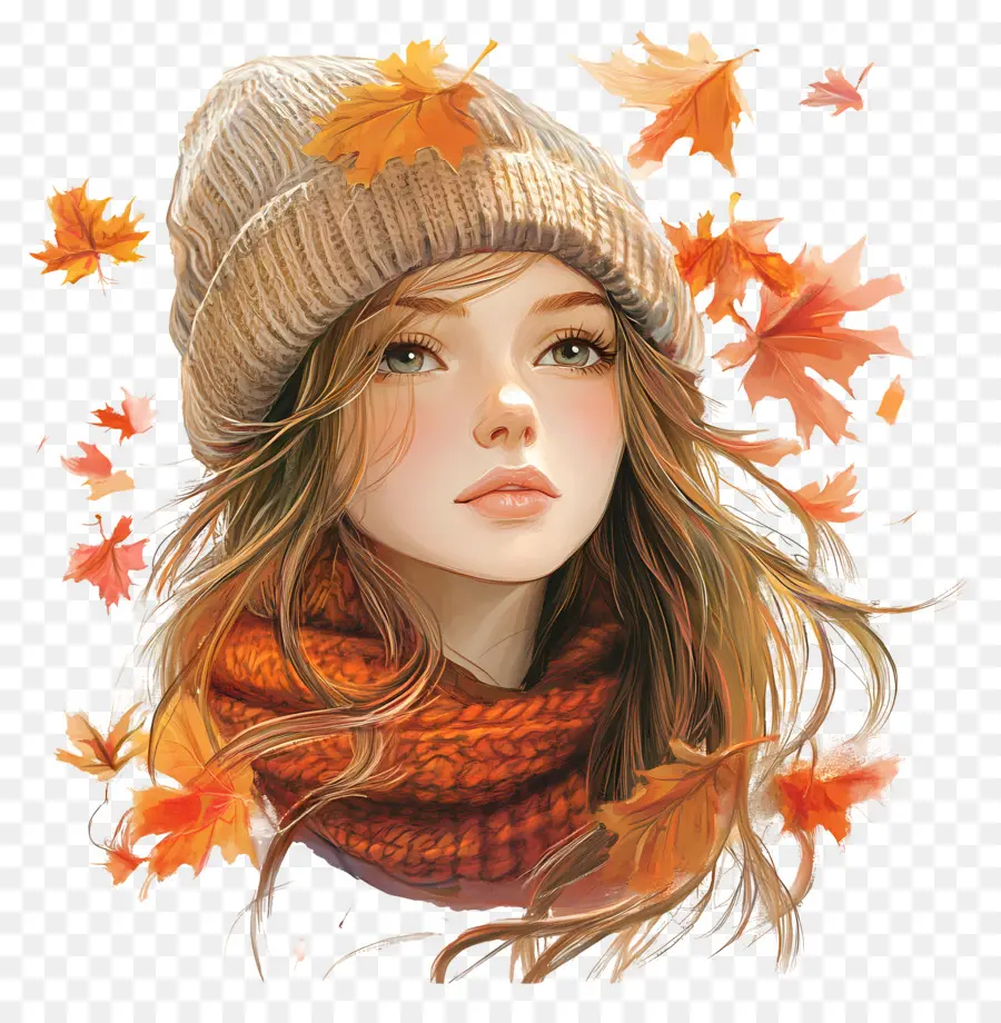 Chica De Otoño，Chica Con Hojas De Otoño PNG