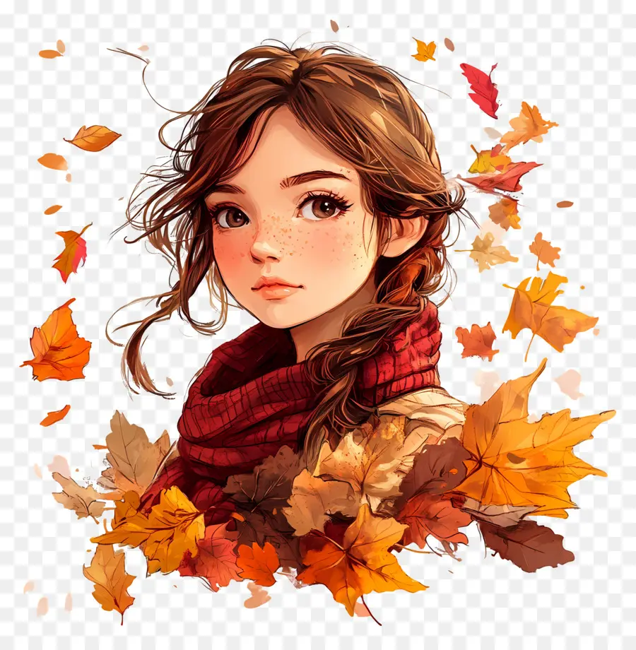 Chica De Otoño，Chica Con Hojas De Otoño PNG