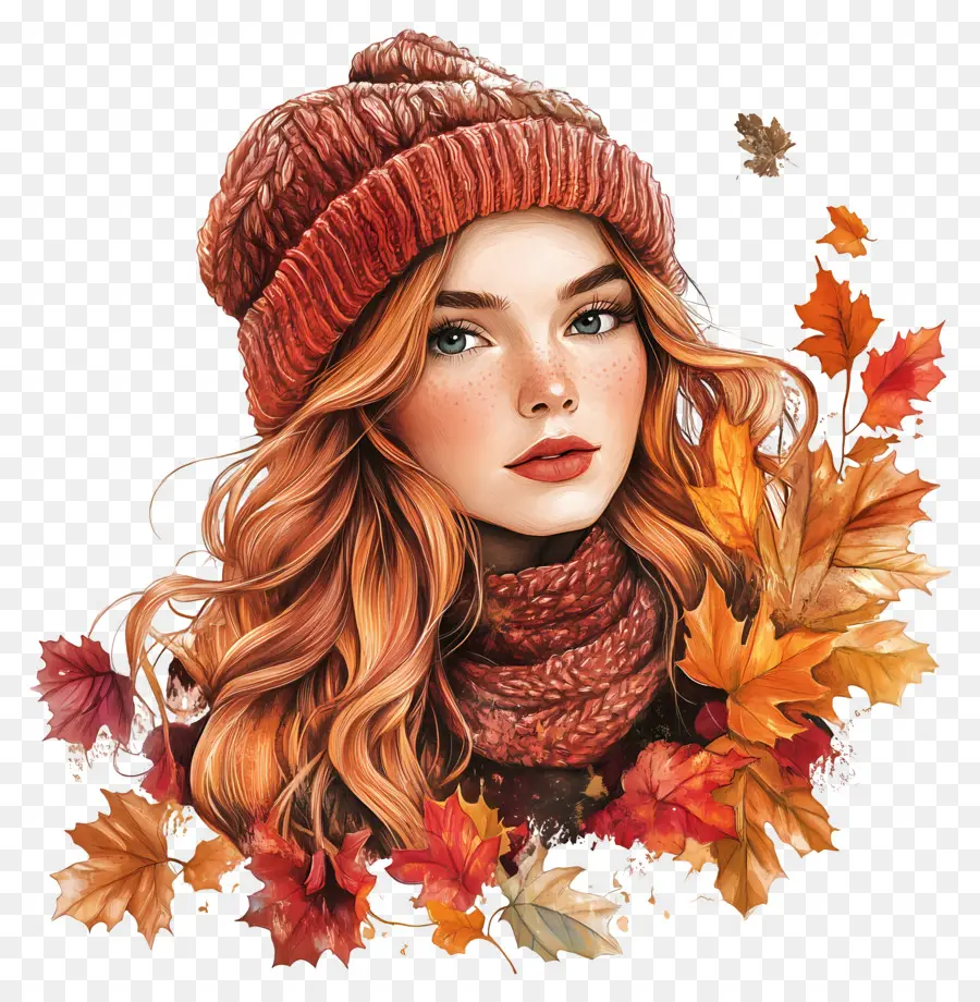 Chica De Otoño，Chica Con Hojas De Otoño PNG