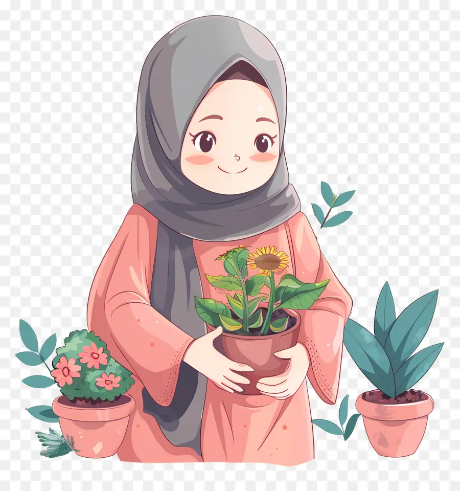 Hijab Chica Haciendo Jardinería，Niña Con Plantas PNG