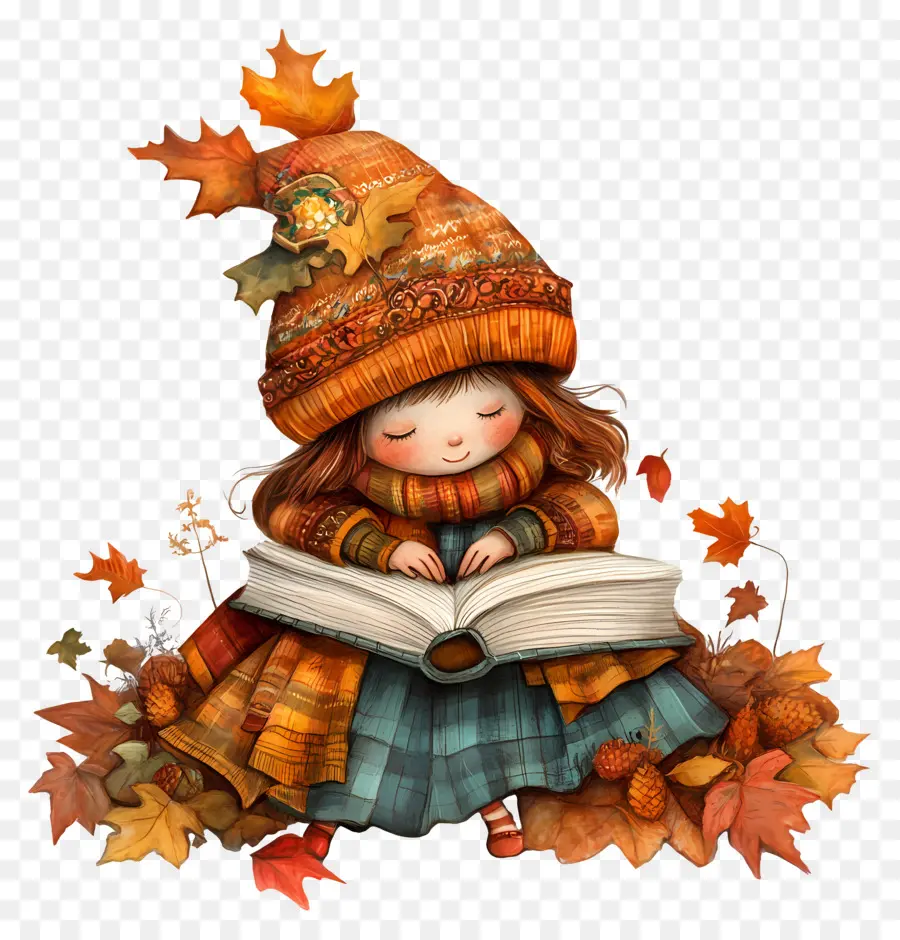 Otoño Acogedor，Niña Leyendo PNG