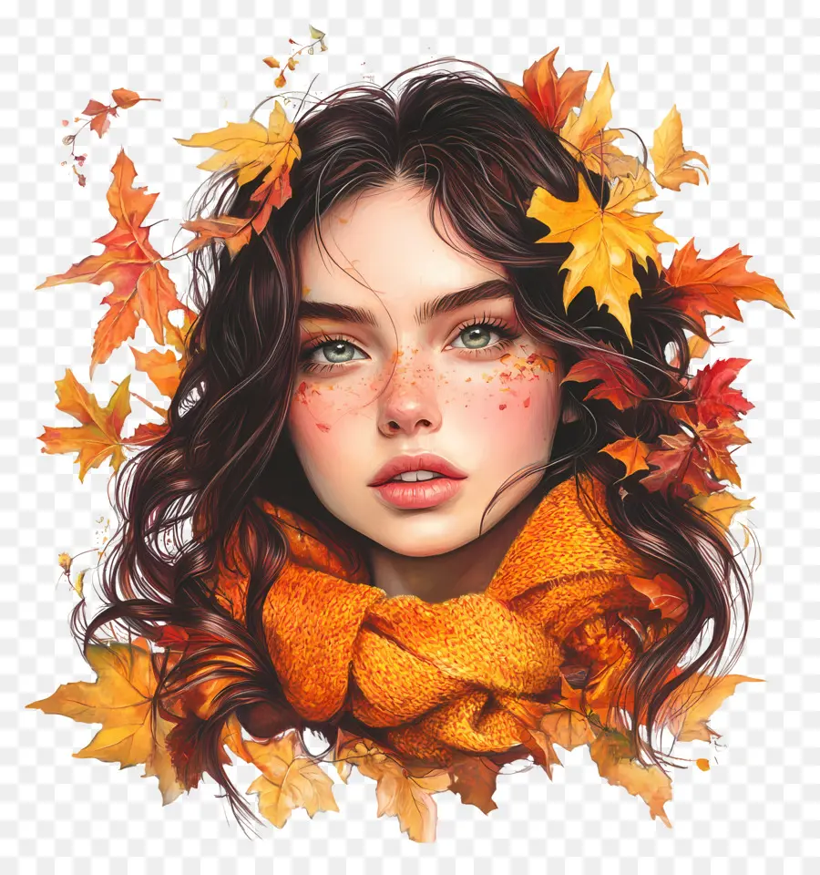 Chica De Otoño，Chica Con Hojas De Otoño PNG