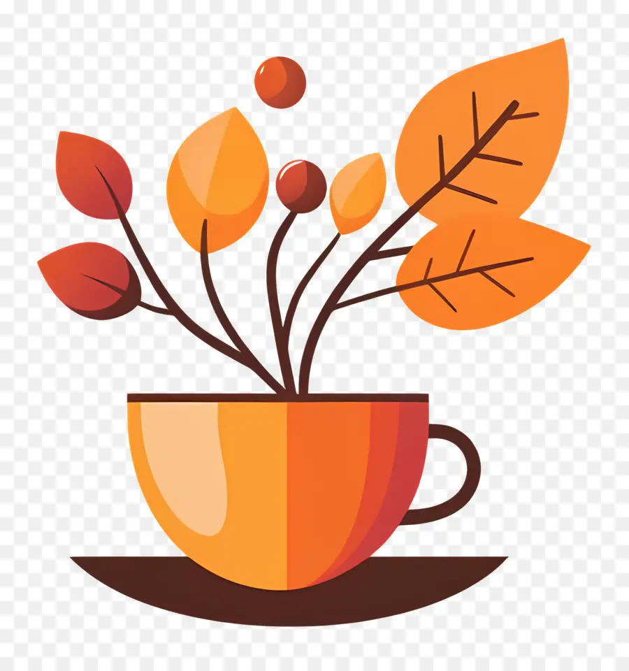 Otoño Acogedor，Taza Naranja Con Hojas De Otoño PNG