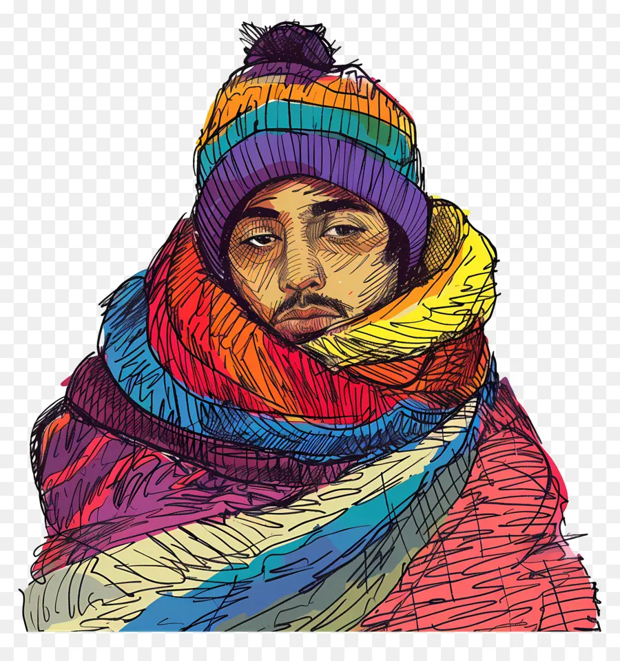 Hombre Invierno，Hombre Con Bufanda Colorida PNG