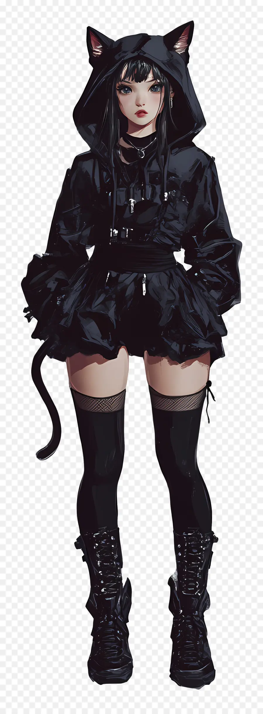 Chica Gato，Chica Con Orejas De Gato Vestida De Negro PNG