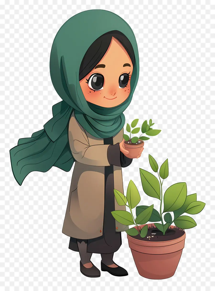 Hijab Chica Haciendo Jardinería，Niña Con Planta PNG