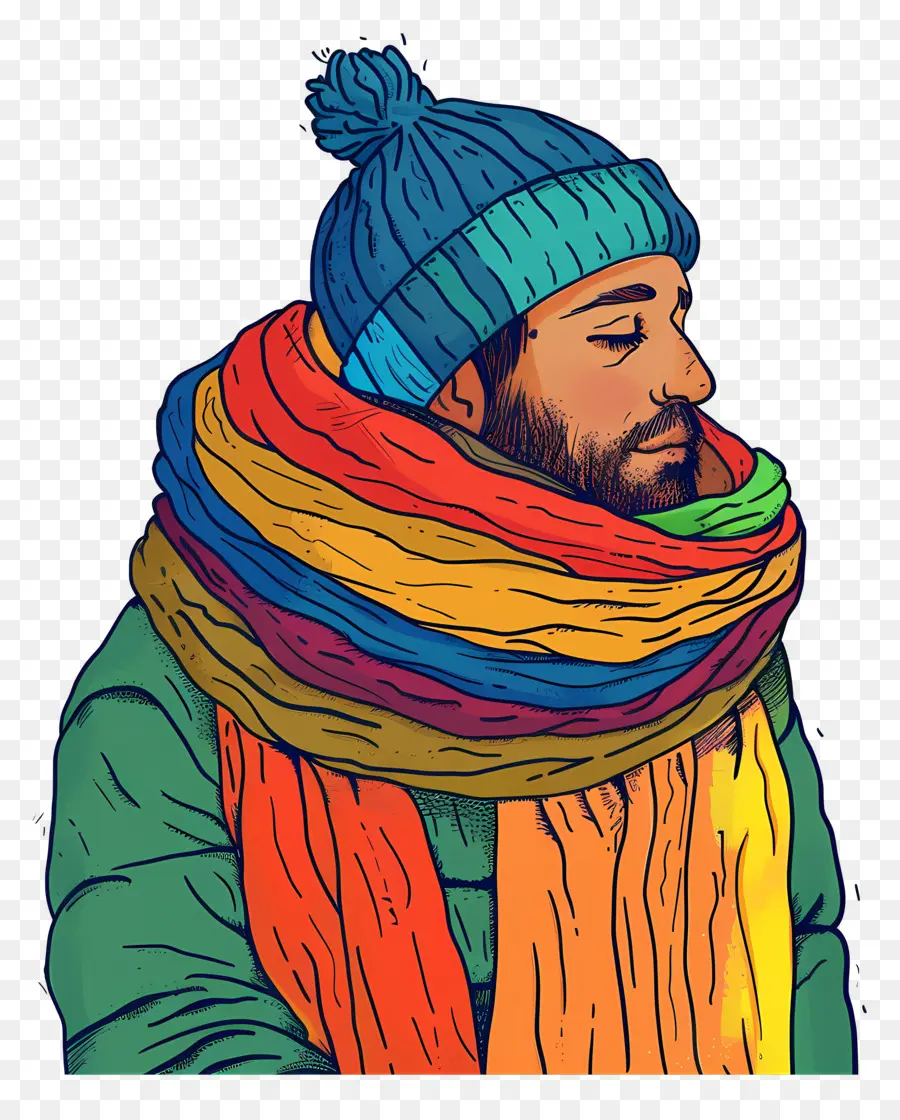 Hombre Invierno，Hombre Con Bufanda Colorida PNG