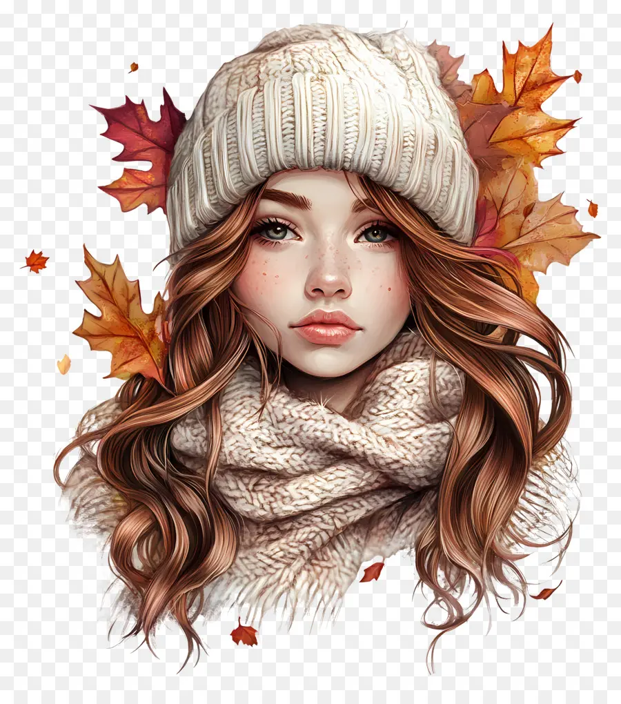 Chica De Otoño，Chica Con Hojas De Otoño PNG