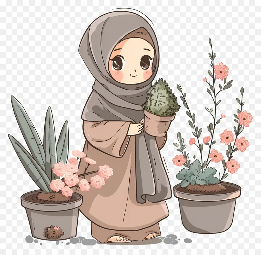 Hijab Chica Haciendo Jardinería，Niña Con Plantas PNG