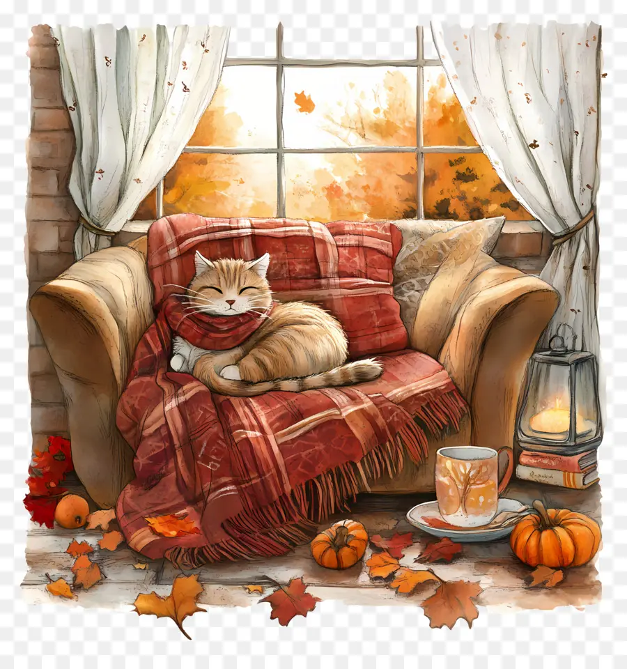 Otoño Acogedor，Gato En Una Silla Acogedora PNG