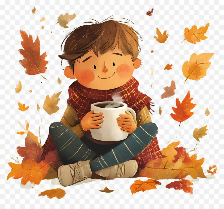 Otoño Acogedor，Niño Con Café PNG