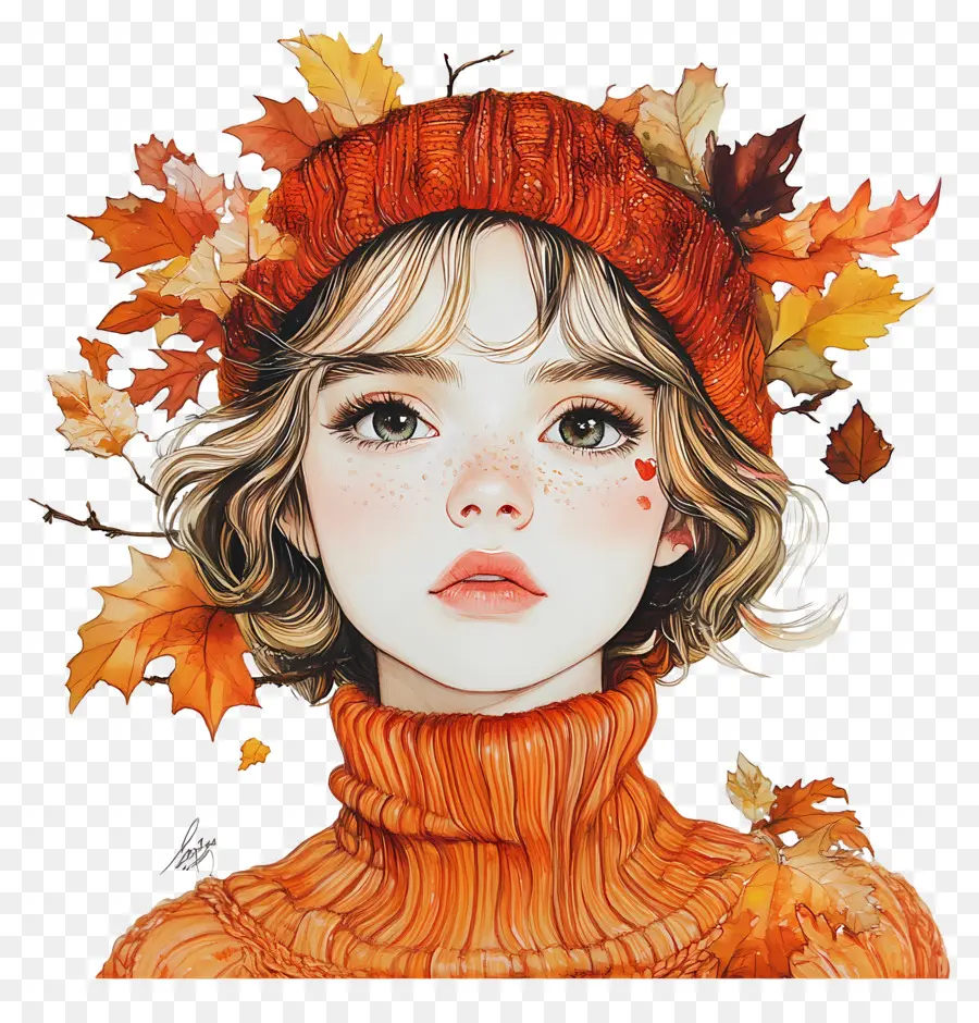 Chica De Otoño，Chica Con Hojas De Otoño PNG